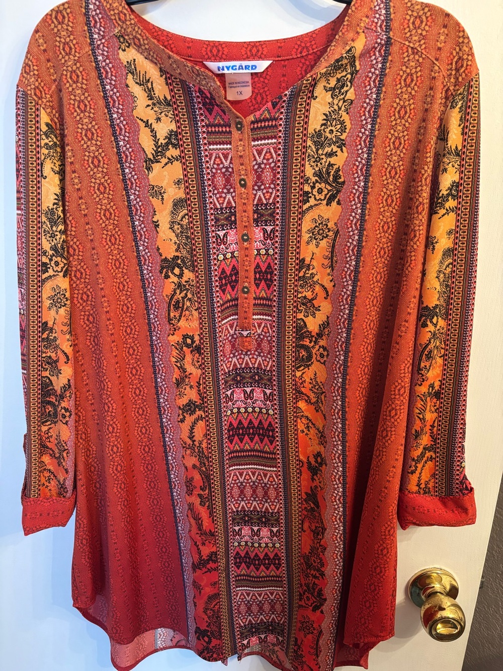 Peter Nygard Orange and Yellow Printed Long Sleeve Henley